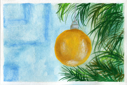 Yellow Christmas tree ornament painting on paper 6x9