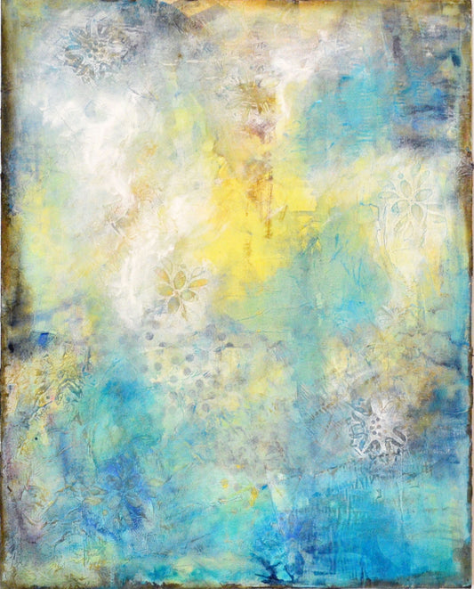 Yellow and blue textured abstract mixed media painting 16x20 - carved effects