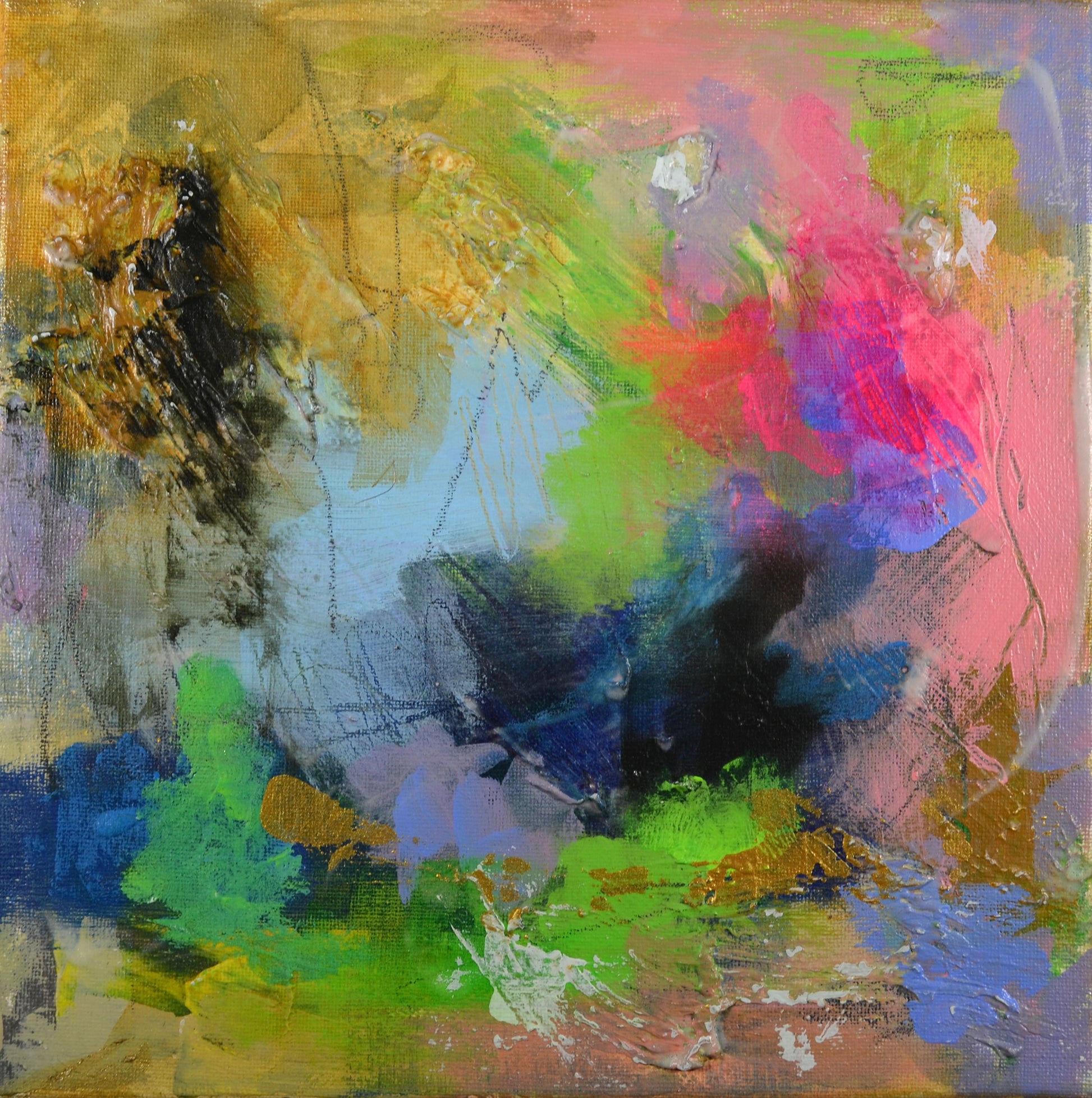An abstract mixed media painting on canvas featuring bright neon pink and green accents, with an eclectic wall art background.