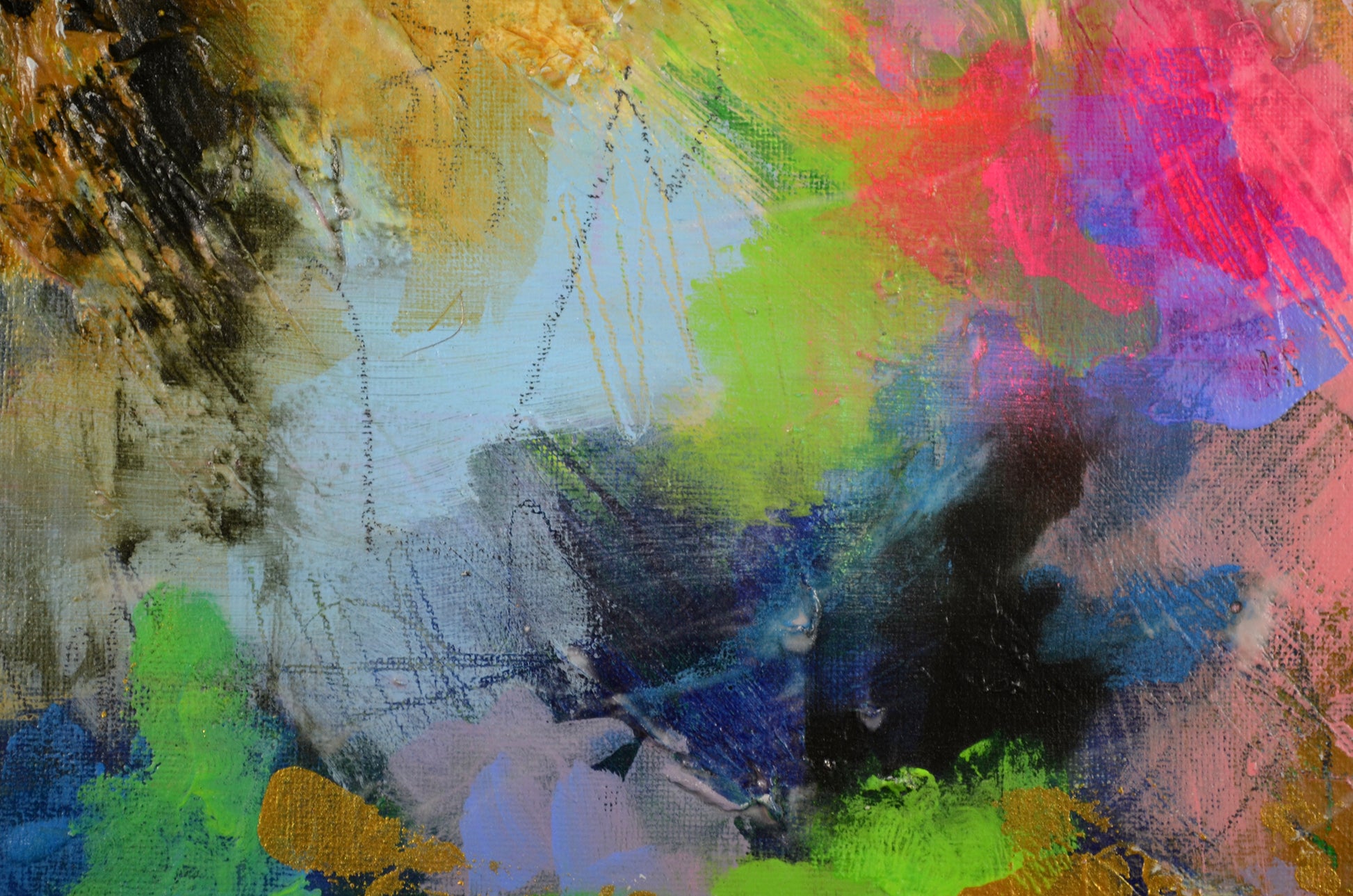 Yellow and hot pink abstract mixed media on canvas
