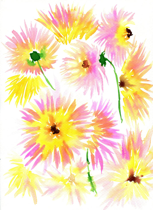 Yellow and pink dahlia watercolor painting 9x12 - carved effects