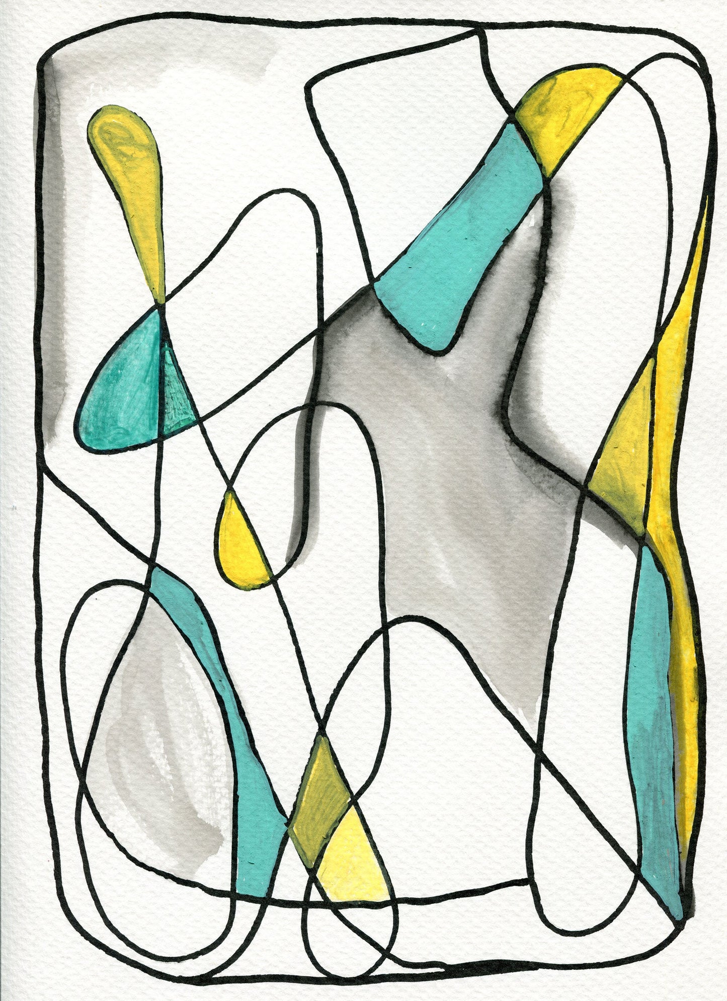 A watercolor painting featuring geometric neurographic line drawing shapes in yellow, teal, and other colors on a white background, unframed.