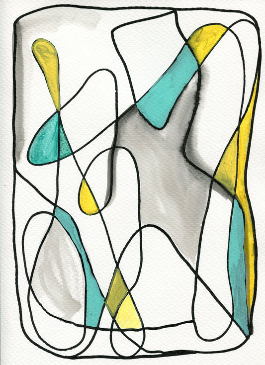 A watercolor painting featuring geometric neurographic line drawing shapes in yellow, teal, and other colors on a white background, unframed.