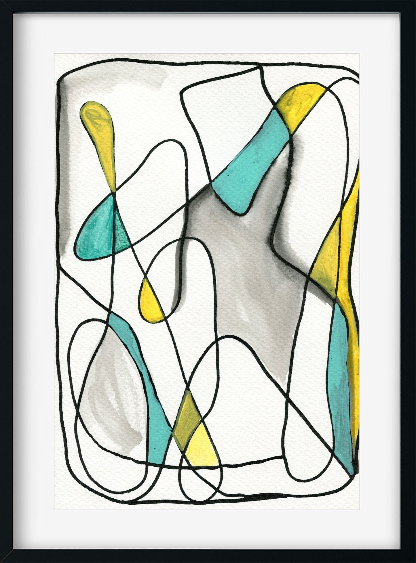 Yellow and teal geometric line drawing watercolor painting 9x12