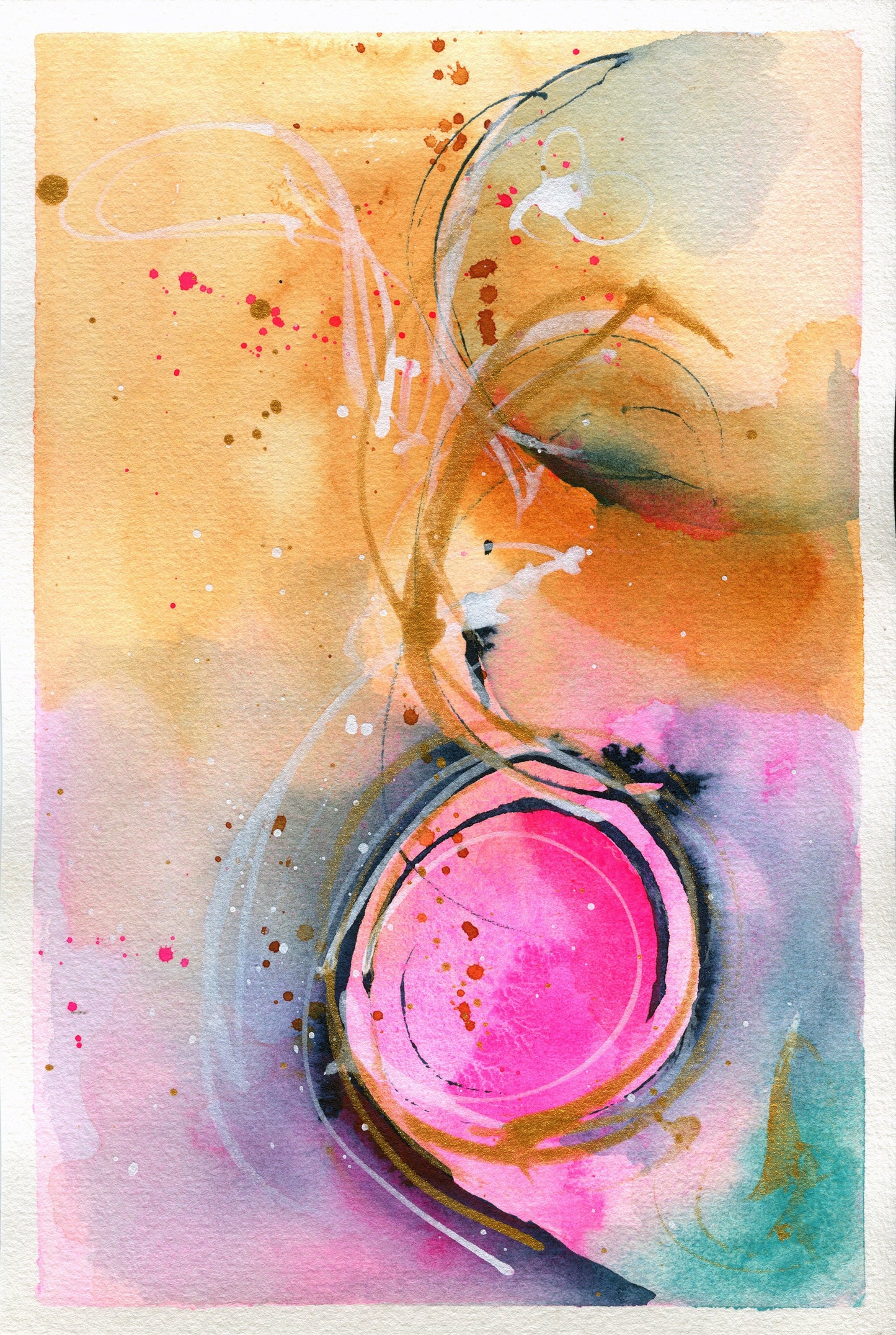 Abstract watercolor painting 6x9, hand painted abstract circle watercolor original artwork, yellow blue and pink small wall art - Carved Effects