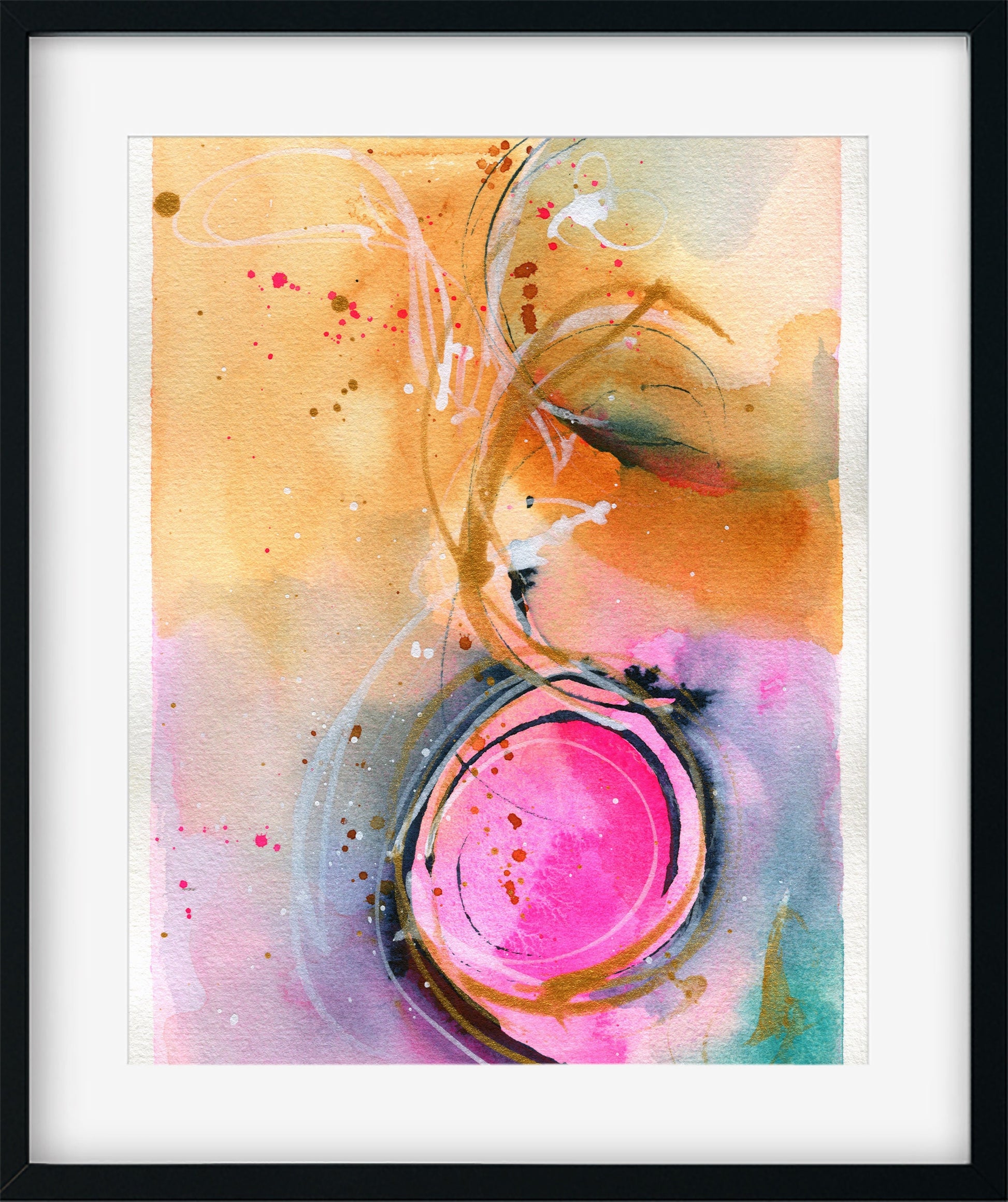 Abstract watercolor painting 6x9, hand painted abstract circle watercolor original artwork, yellow blue and pink small wall art - Carved Effects