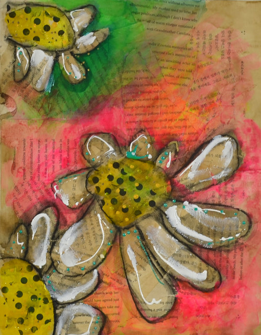 Mixed-media floral artwork featuring stylized flowers with yellow-green dotted centers and beige petals, layered over a background of bright pink, orange, green, and tan paper with printed text.