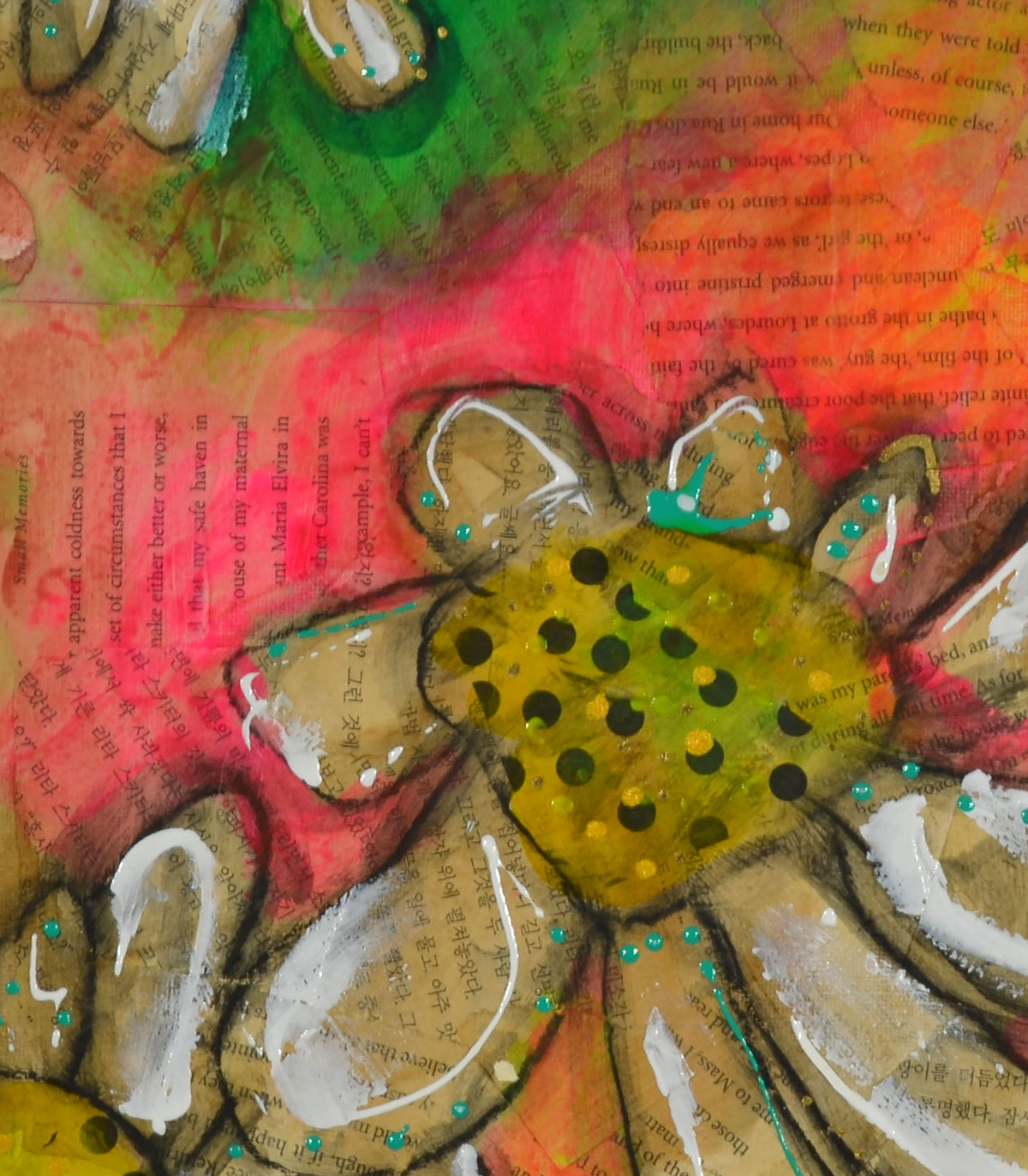 Abstract mixed-media painting featuring a stylized flower with a mustard-yellow center, black polka dots, and white petals, layered over a background of colorful red, green, and orange washes with printed book text.