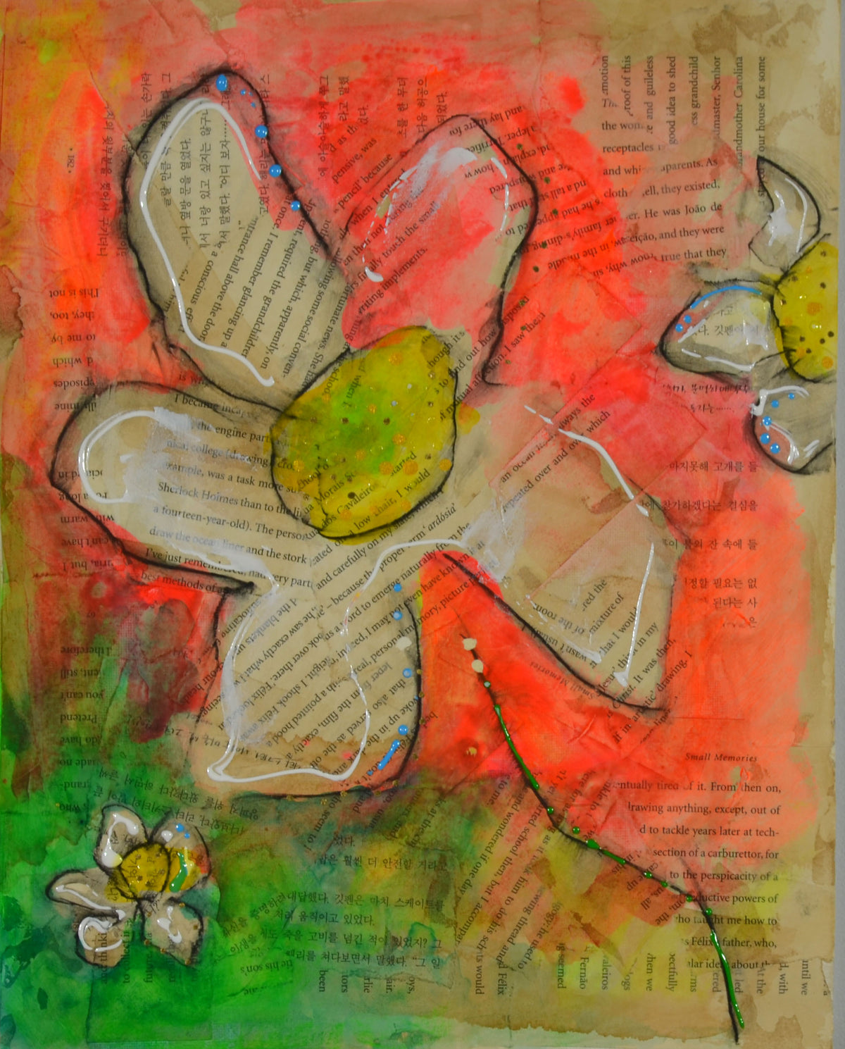 Abstract mixed-media floral artwork featuring layered paper flowers with printed text, painted in warm red, orange, beige, green, and yellow tones.