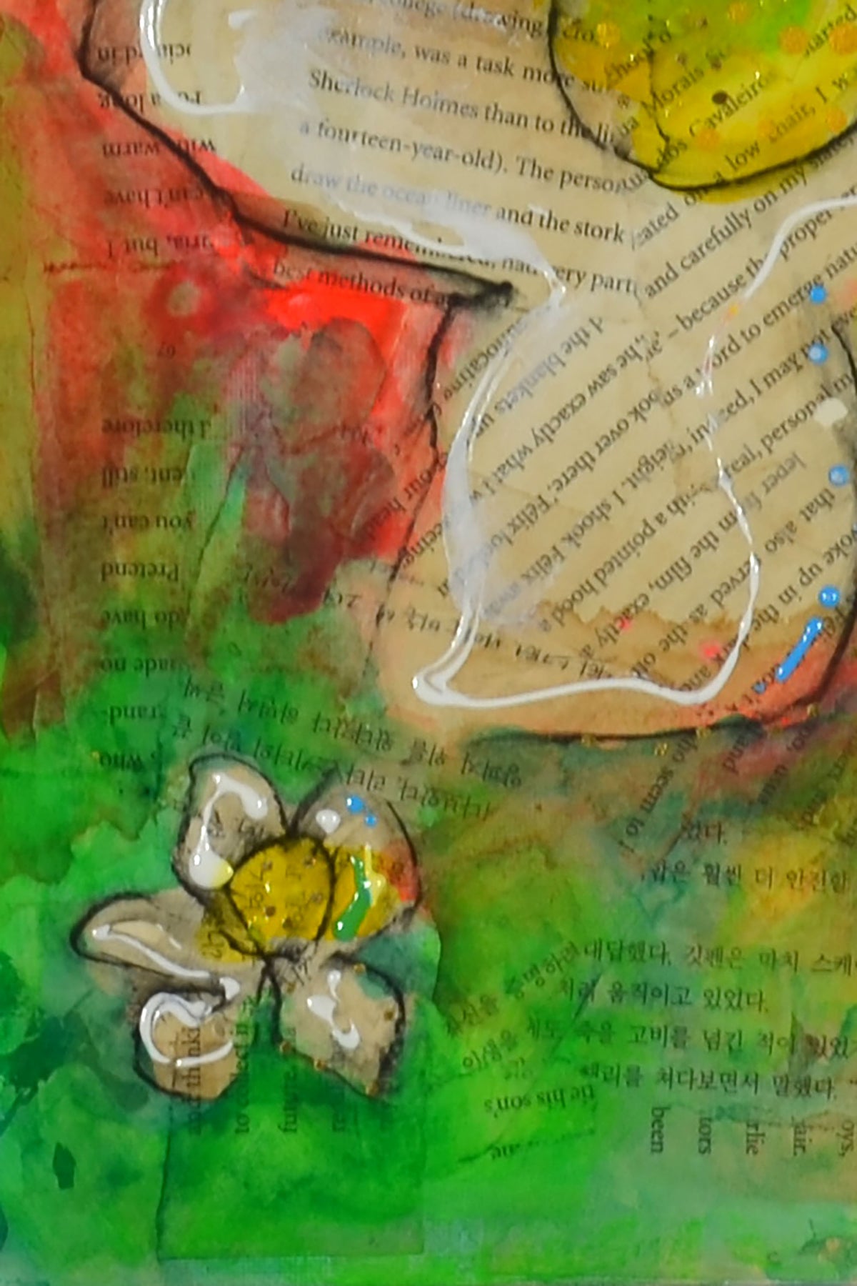 Mixed media painting on a background of book pages, featuring a stylized face with a yellow hat, a white line drawing, and a flower in the lower left corner.