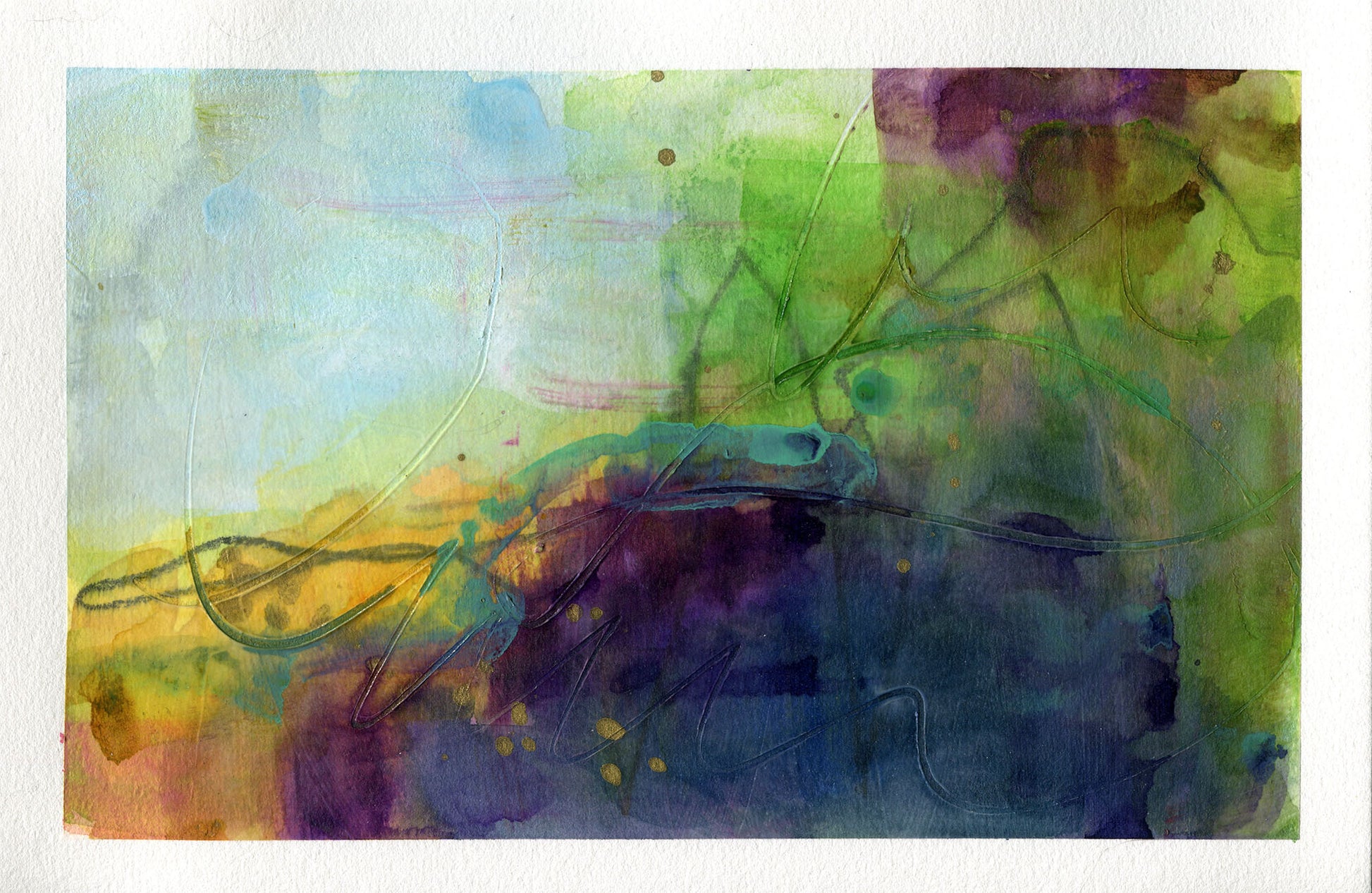 Abstract art piece with a mix of green, purple, and blue colors on a white background