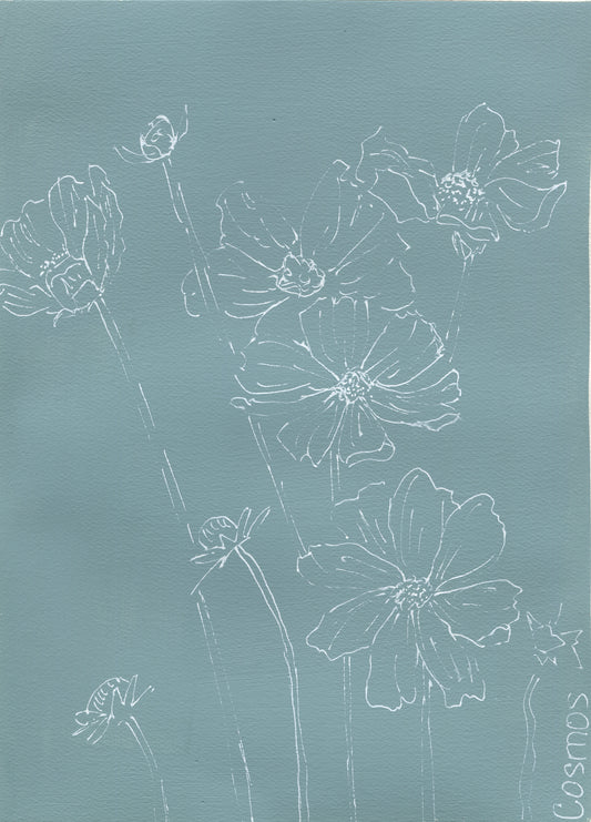 Cosmos line drawing on acrylic paint 9x12 ready to frame wall art - Carved Effects