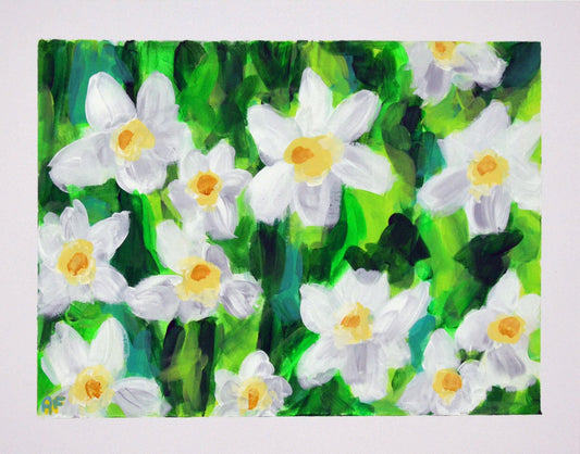 Hand painted acrylic painting on paper featuring a field of daffodils with predominantly green and white colors.