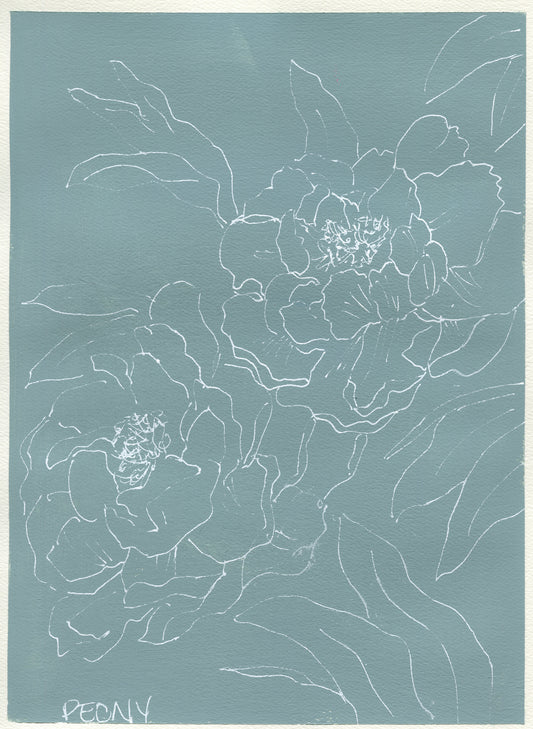Peony line drawing over acrylic paint on paper 9x12 - carved effects