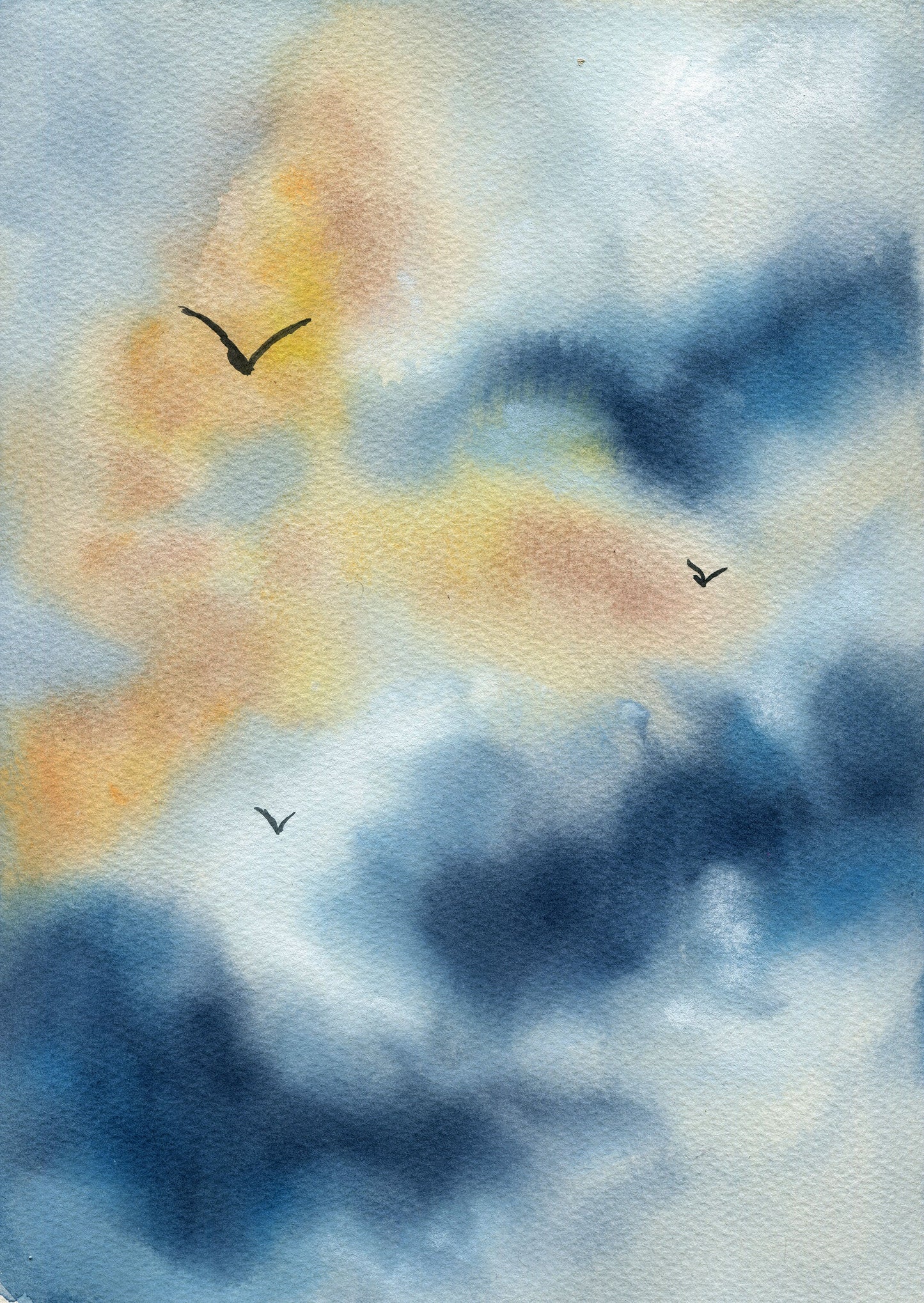 Artistic depiction of birds flying through a colorful sky with blue, orange, and gray hues.