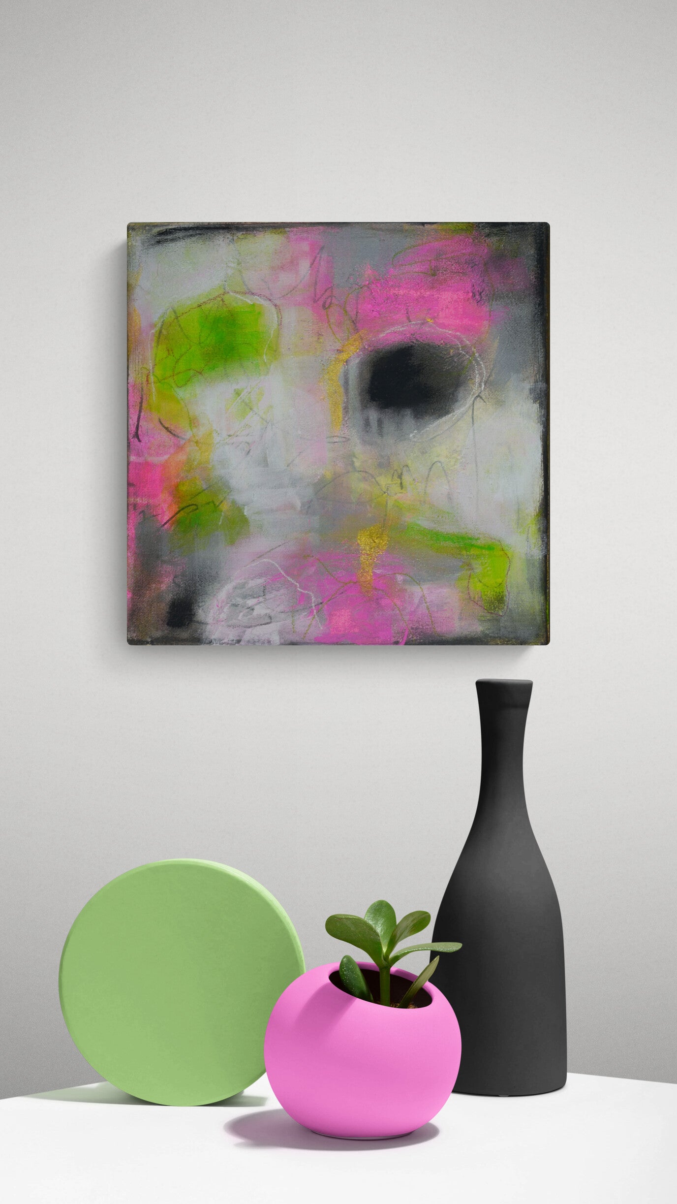 Abstract painted mixed media canvas painting 10x10, pink green and grey home decor wall art