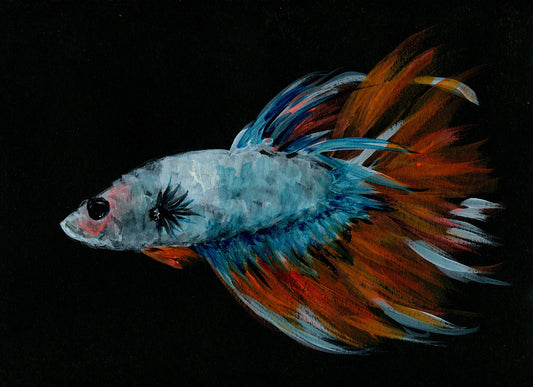 Betta fish art, blue and orange acrylic painting 9x12, small fish wall art, Siamese fighting fish painting, original artwork - Carved Effects