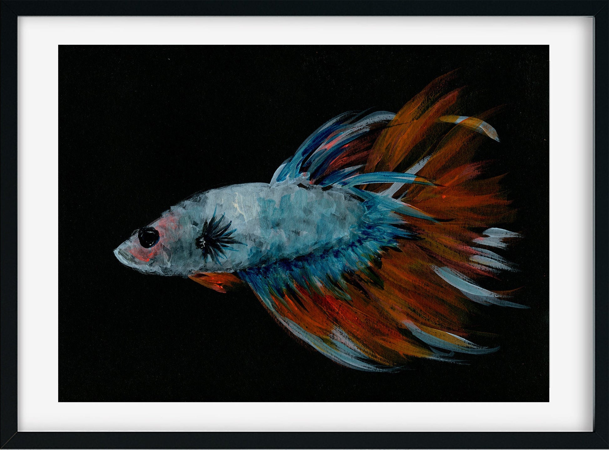 Betta fish art, blue and orange acrylic painting 9x12, small fish wall art, Siamese fighting fish painting, original artwork - Carved Effects