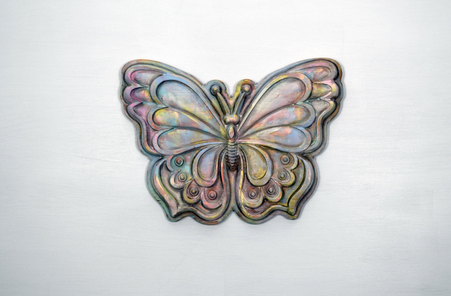 Butterfly hand painted 3d wood carving, wood wall art, pastel dots painted butterfly ready to hang