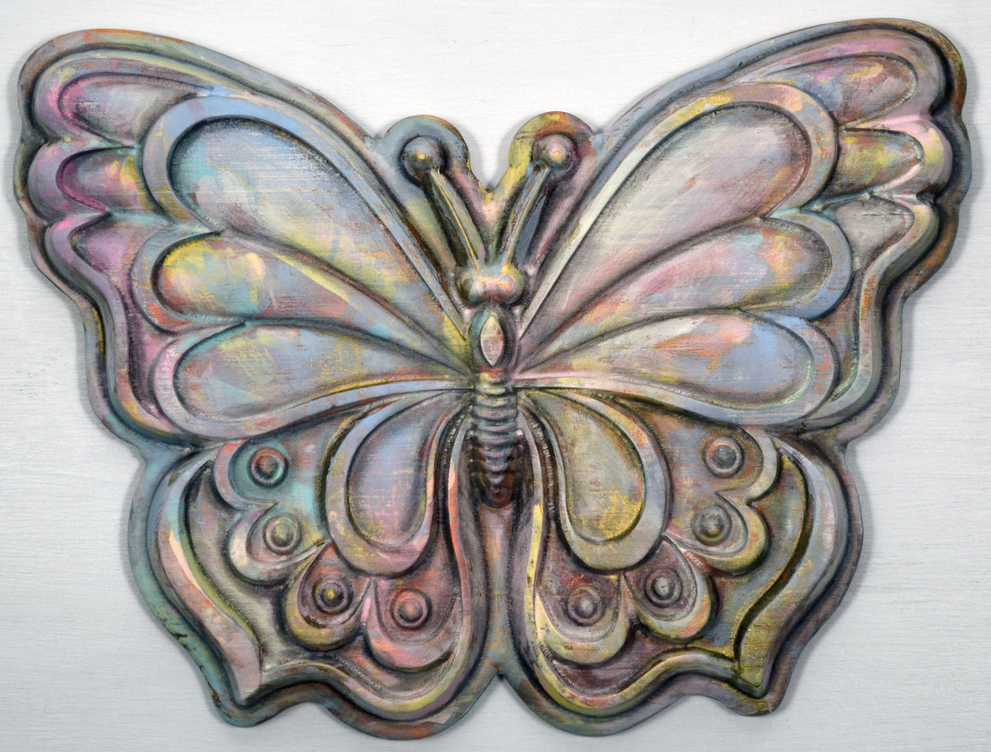 Butterfly hand painted 3d wood carving, wood wall art, pastel dots painted butterfly ready to hang