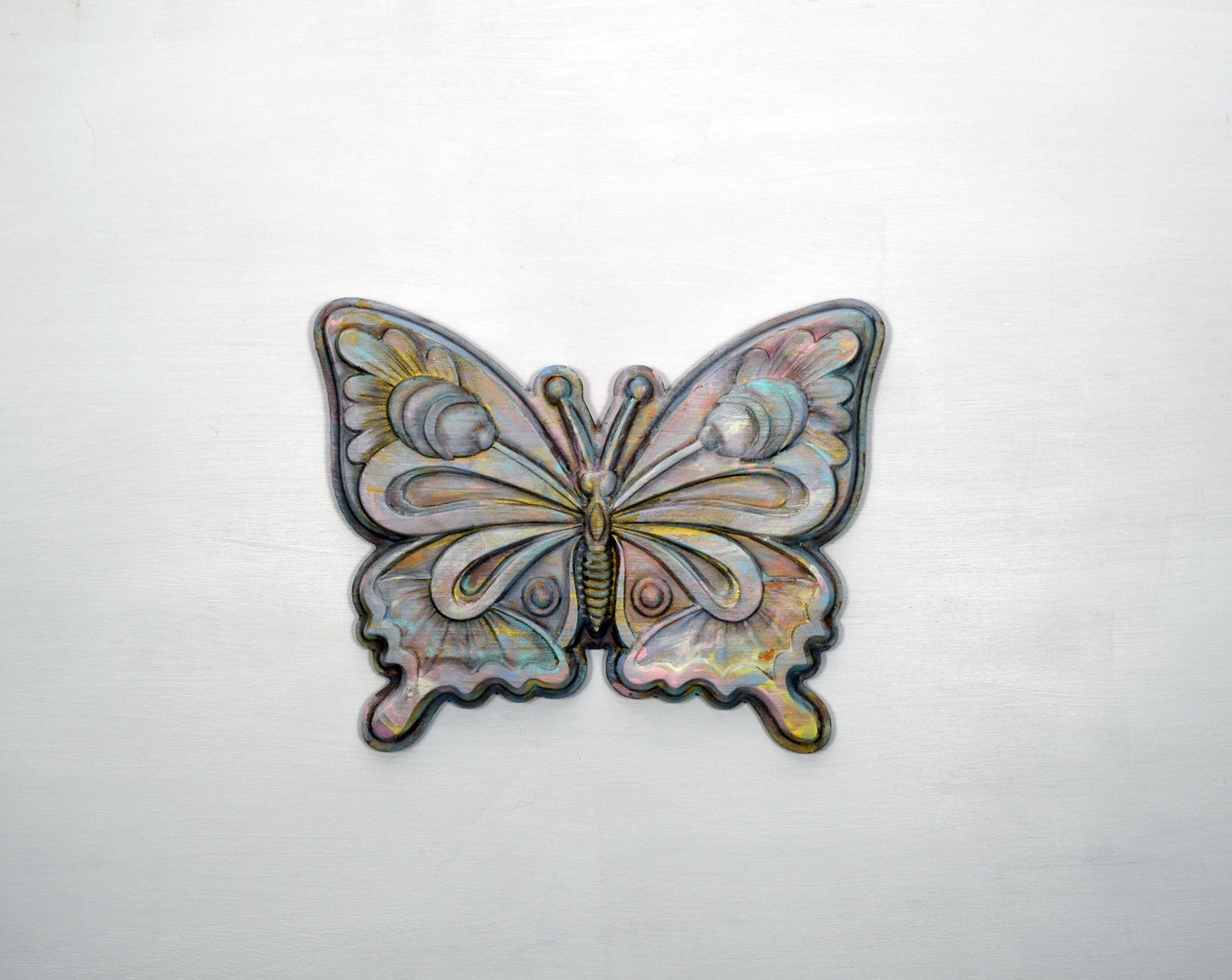 Butterfly hand painted 3d wood carving, wood wall art, flowery painted butterfly ready to hang