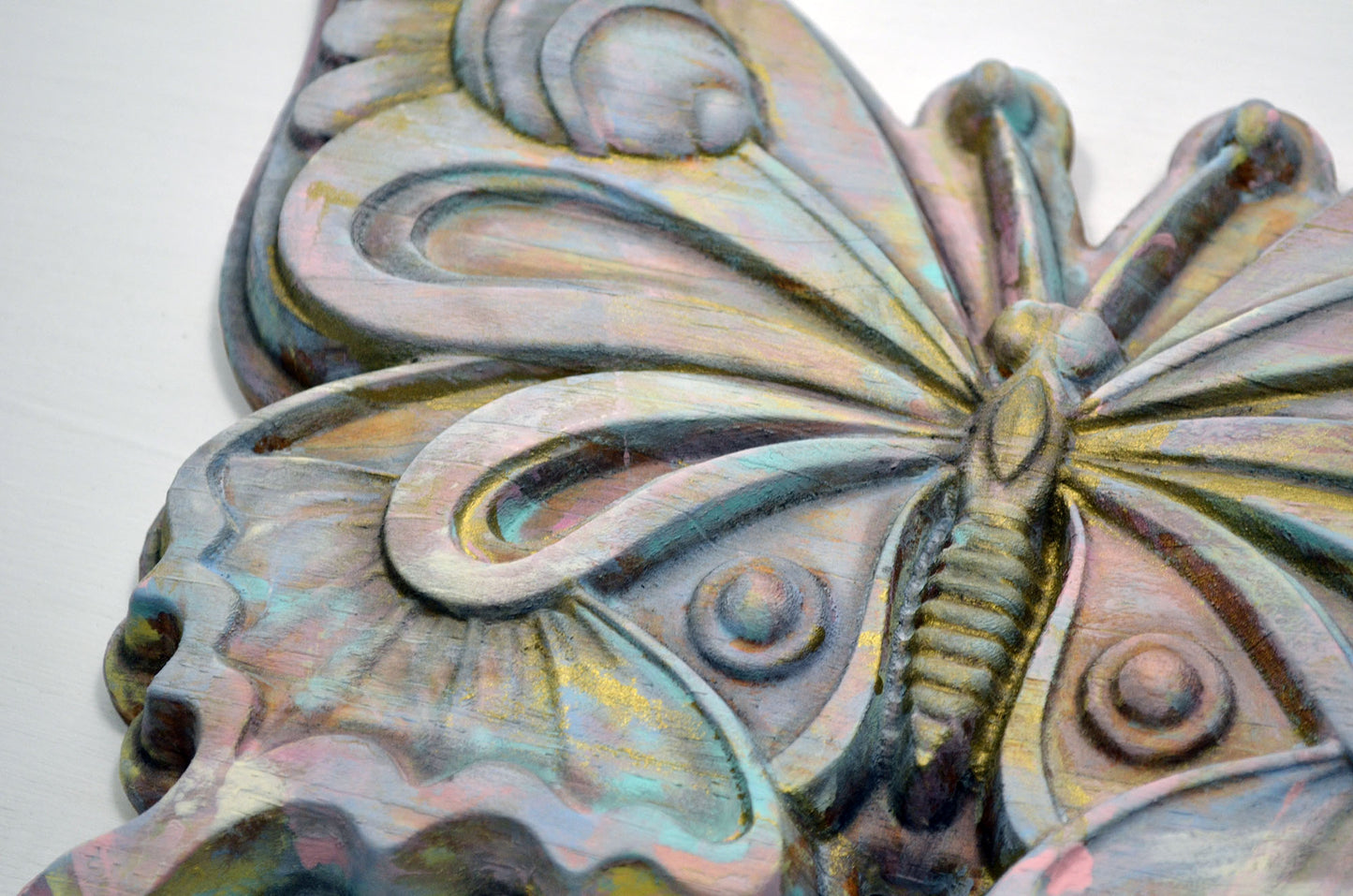 Butterfly hand painted 3d wood carving, wood wall art, flowery painted butterfly ready to hang