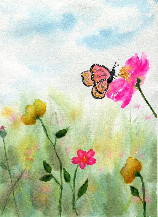 Butterfly flowers field original watercolor painting - Carved Effects