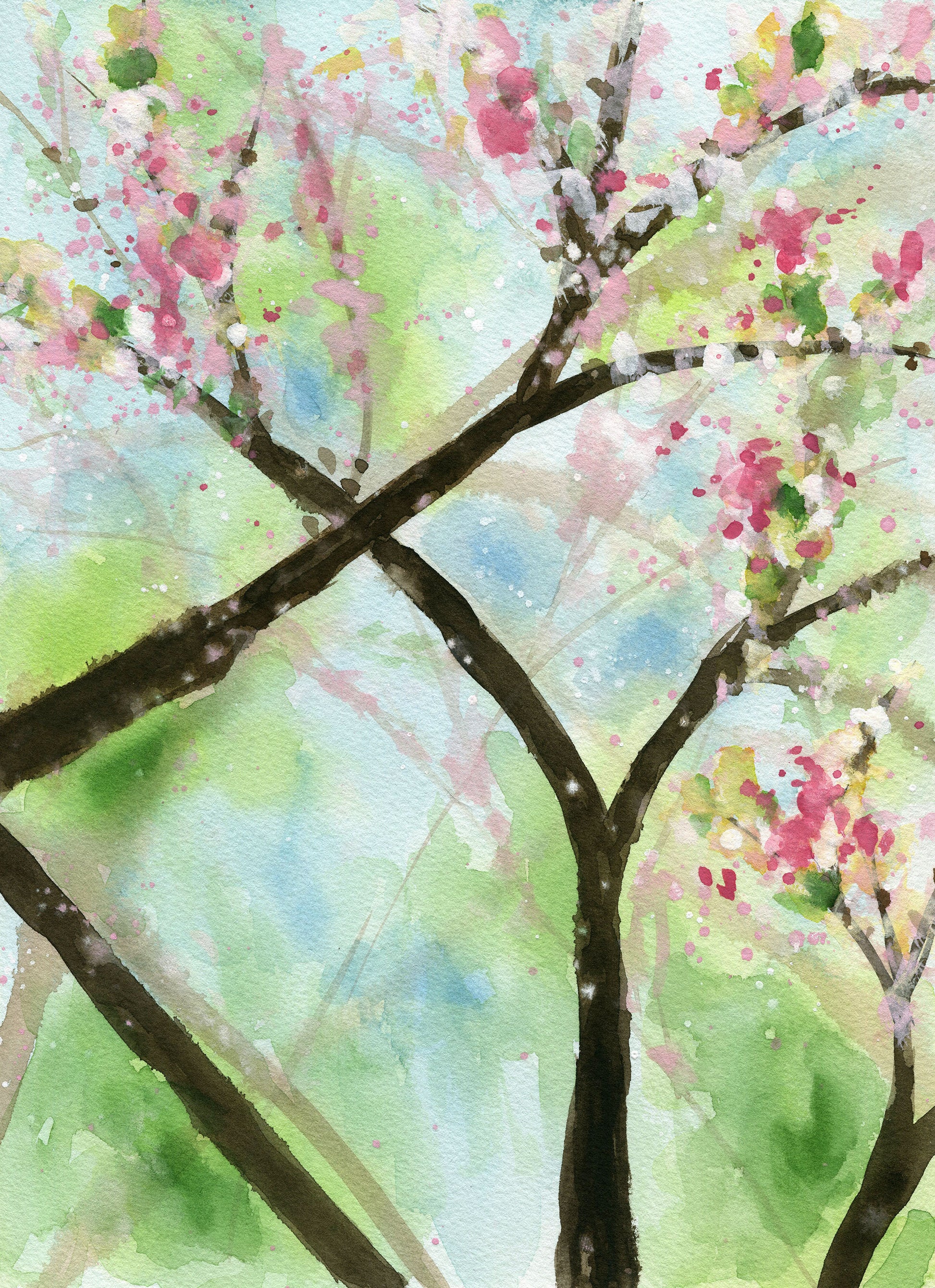 Artistic depiction of a tree with pink blossoms and green leaves.