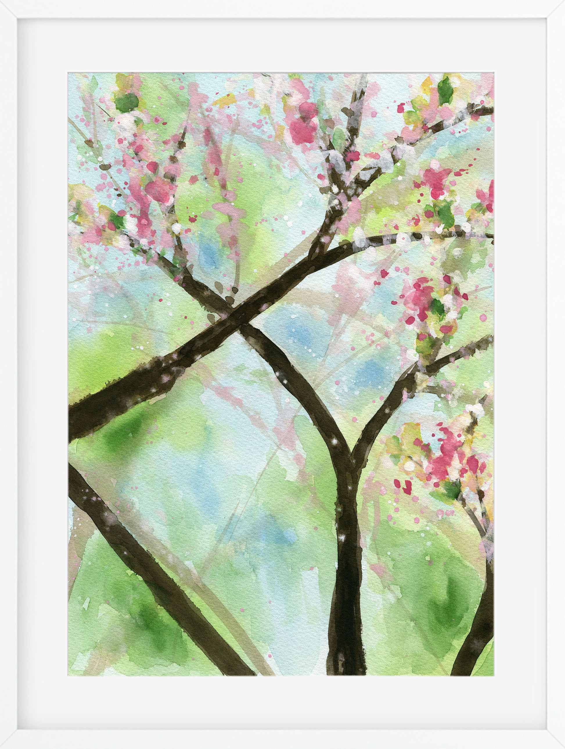 Artistic depiction of a tree with pink blossoms on a light blue background