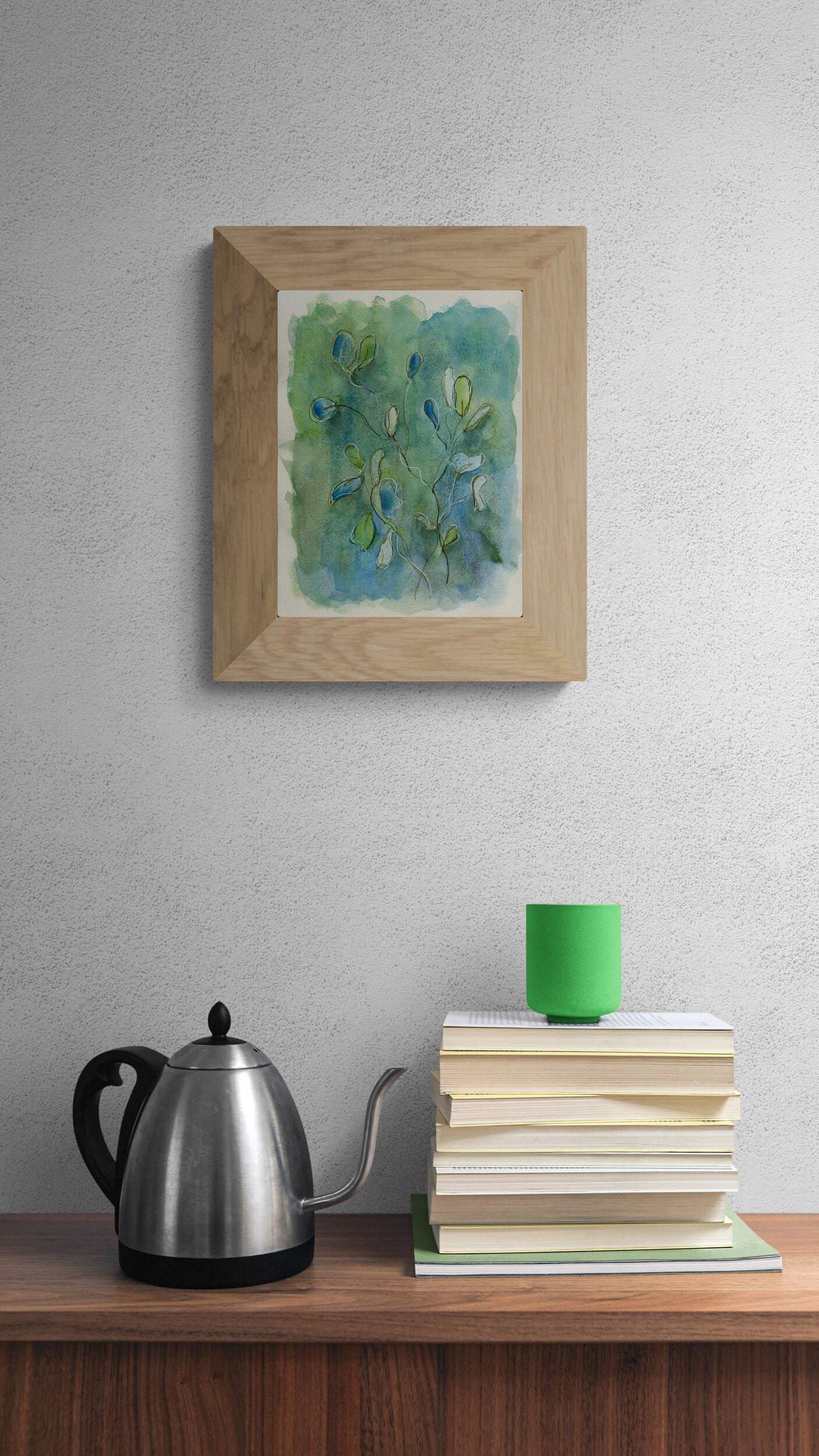 Eucalyptus watercolor painting 9x12, line and wash botanical hand painted wall art, blue and green watercolor plant - Carved Effects