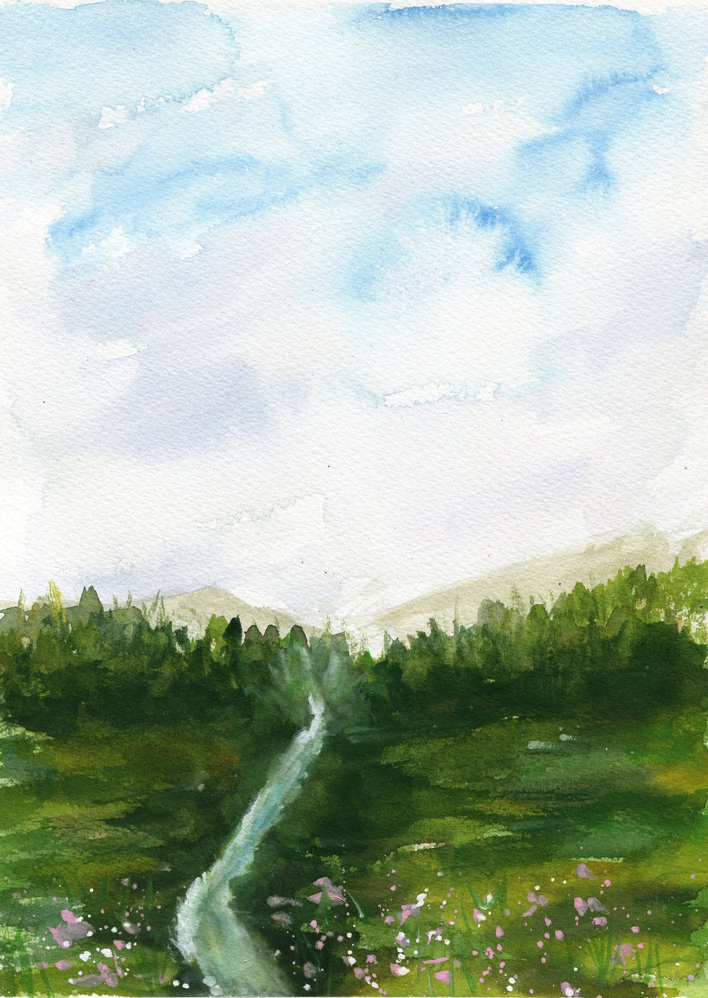 Watercolor painting of a landscape with a river and greenery under a blue sky.