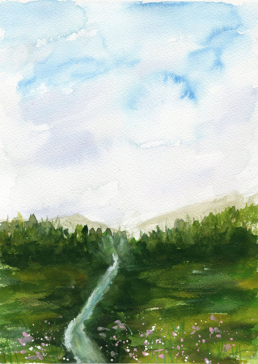 Watercolor painting of a landscape with a river and greenery under a blue sky.