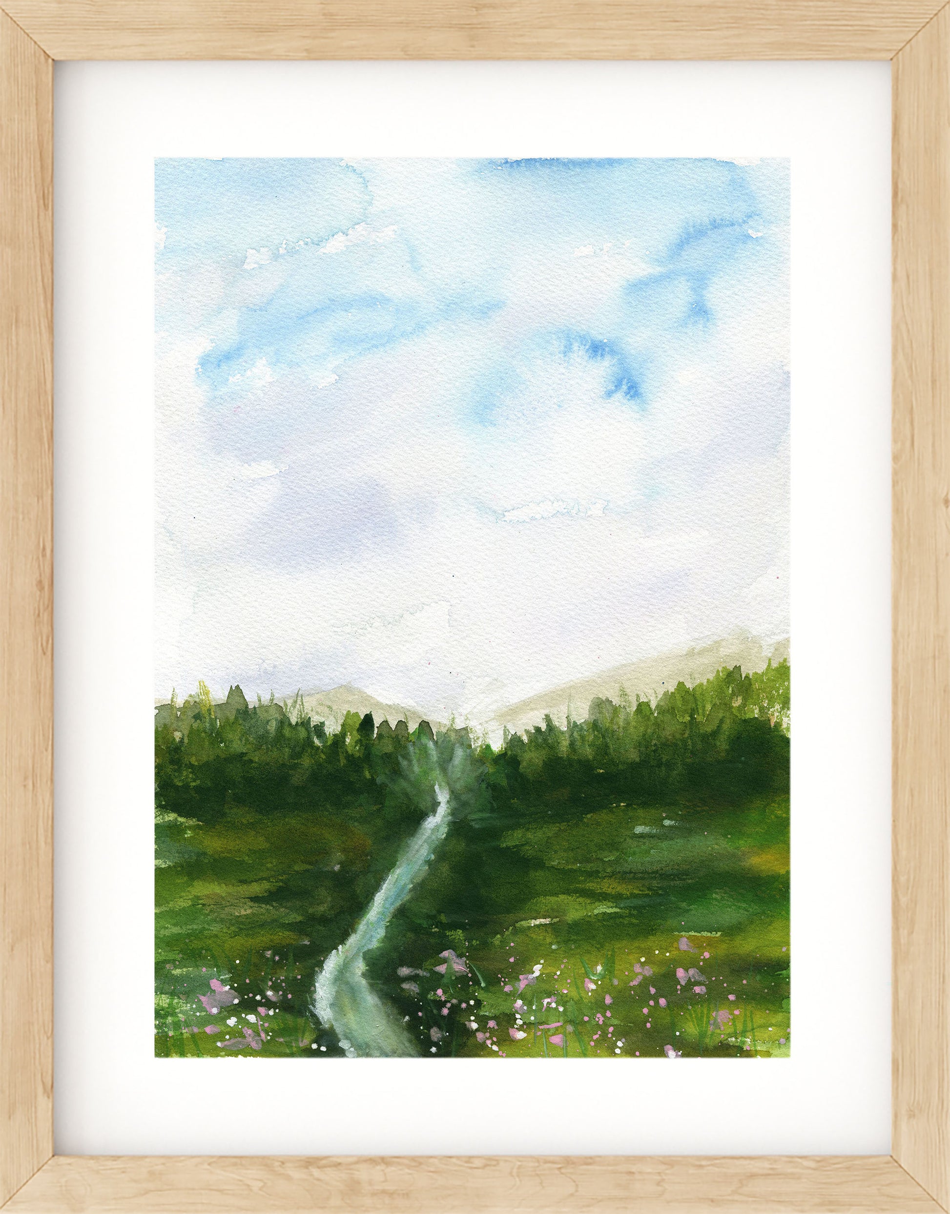 Framed watercolor painting of a landscape with a river and trees.