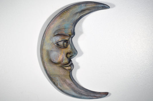 Crescent moon face hand painted 3d wood carving, wood wall art, vibrant and bold wood wall art ready to hang