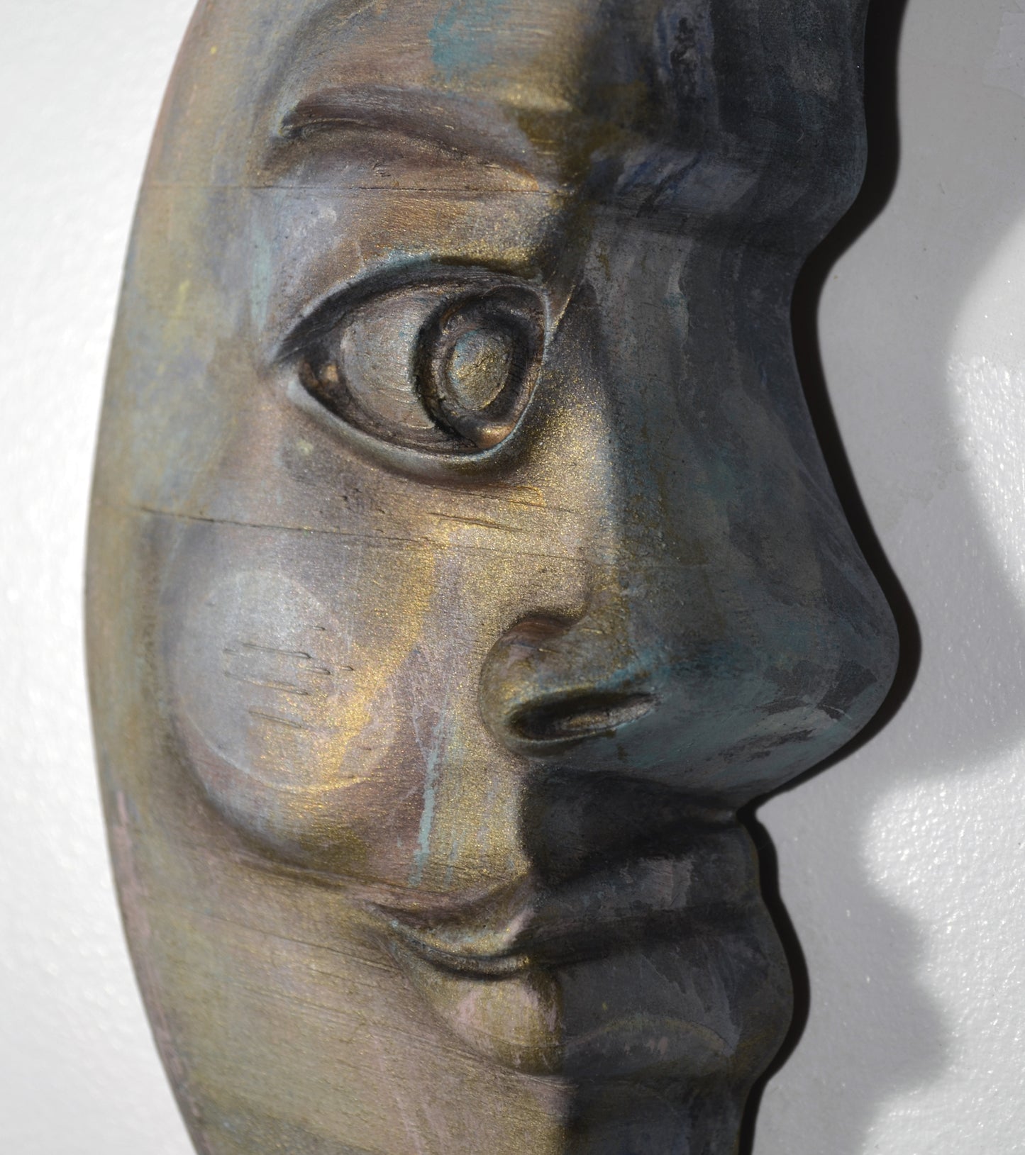 Crescent moon face hand painted 3d wood carving, wood wall art, vibrant and bold wood wall art ready to hang