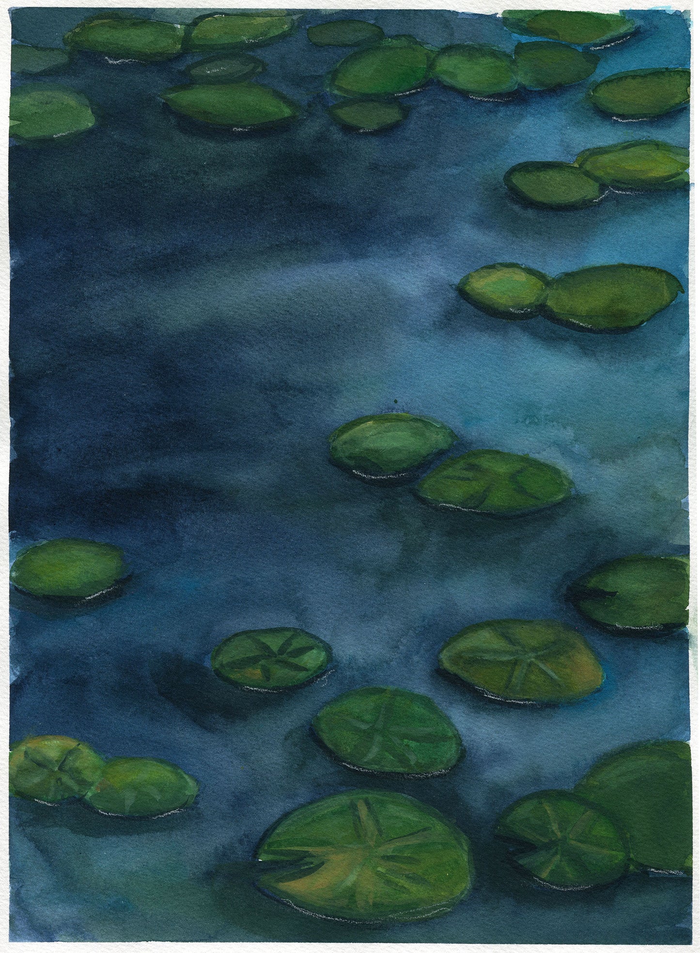 Watercolor painting of green lily pads floating on dark blue water, with soft blended washes and visible paper texture.