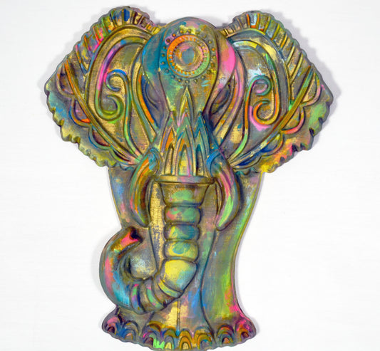 Elephant hand painted 3d wood carving, ready to hang vibrant colorful elephant decor