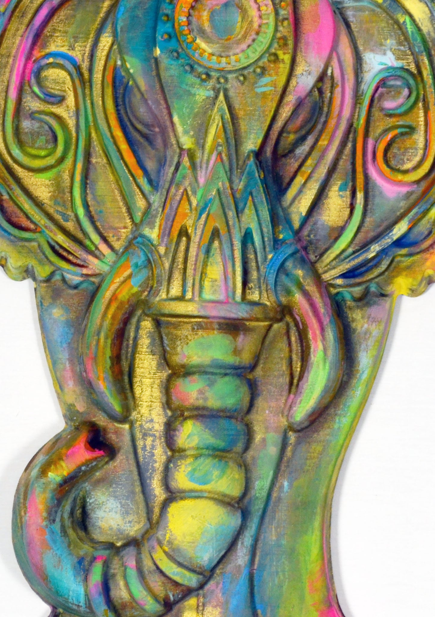 Elephant hand painted 3d wood carving, ready to hang vibrant colorful elephant decor