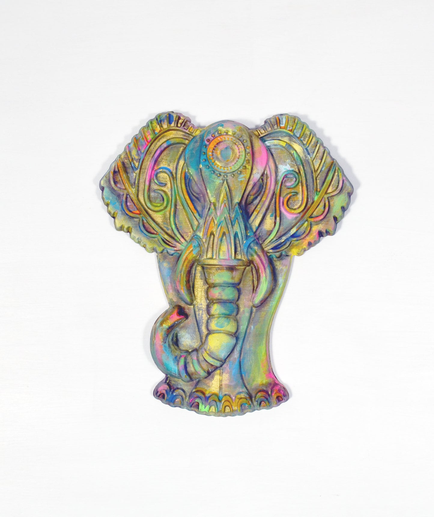 Elephant hand painted 3d wood carving, ready to hang vibrant colorful elephant decor