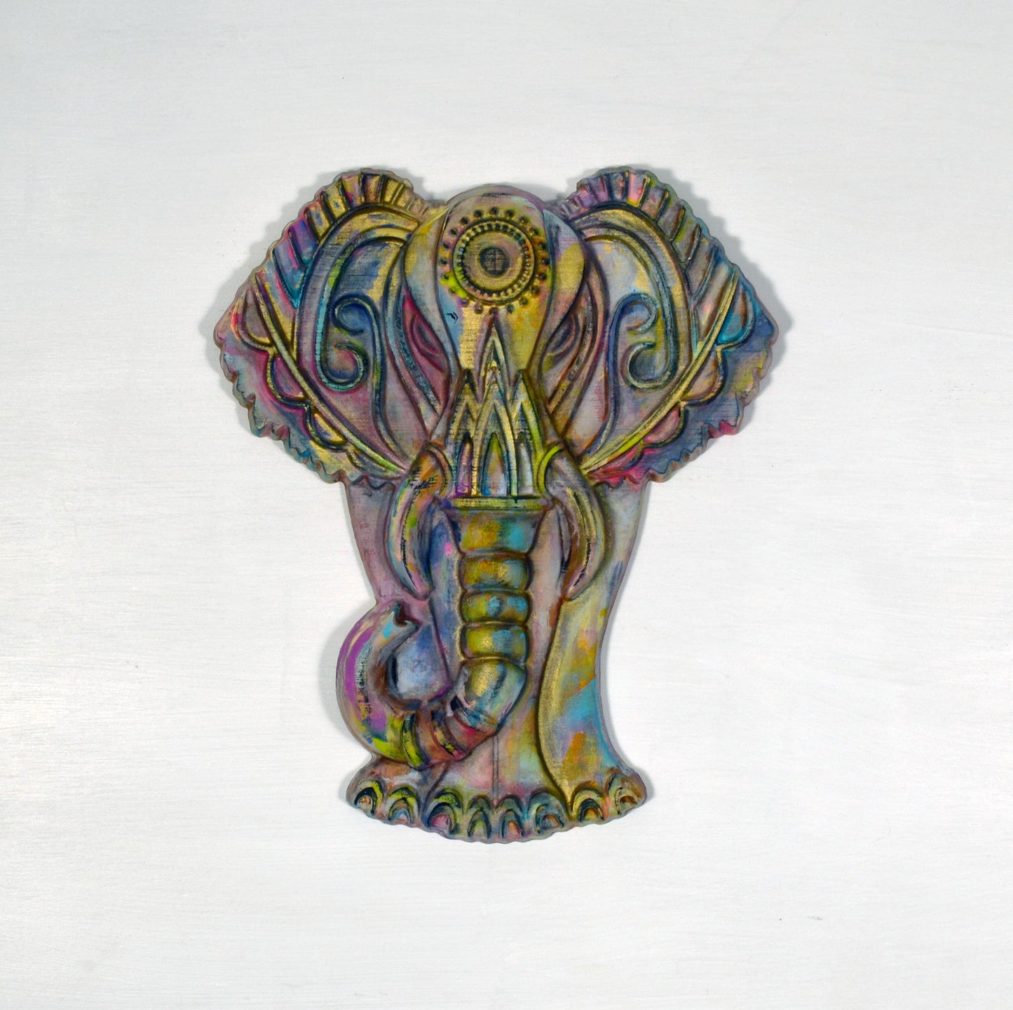 Elephant hand painted 3d wood carving, wood wall artwork, vibrant colorful elephant decor