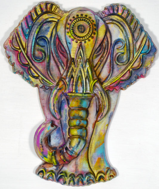 Elephant hand painted 3d wood carving, wood wall artwork, vibrant colorful elephant decor