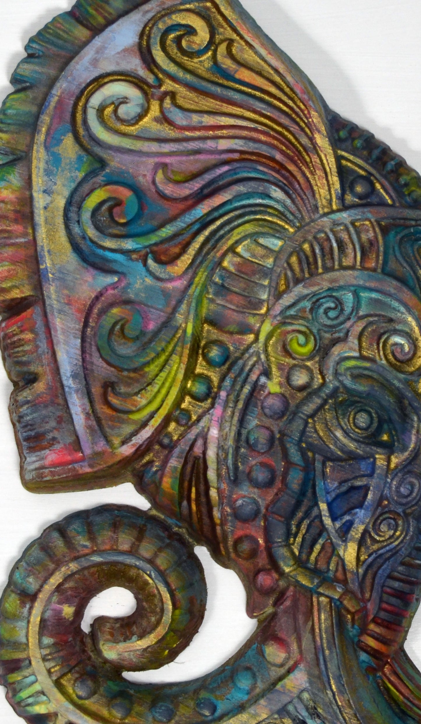 Elephant hand painted 3d wood carving, wood wall art, ready to hang vibrant colorful elephant decor