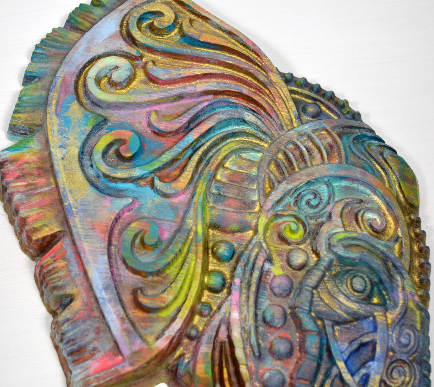 Elephant hand painted 3d wood carving, wood wall art, ready to hang vibrant colorful elephant decor