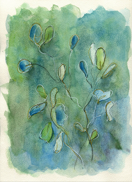 Eucalyptus watercolor painting 9x12, line and wash botanical hand painted wall art, blue and green watercolor plant - Carved Effects