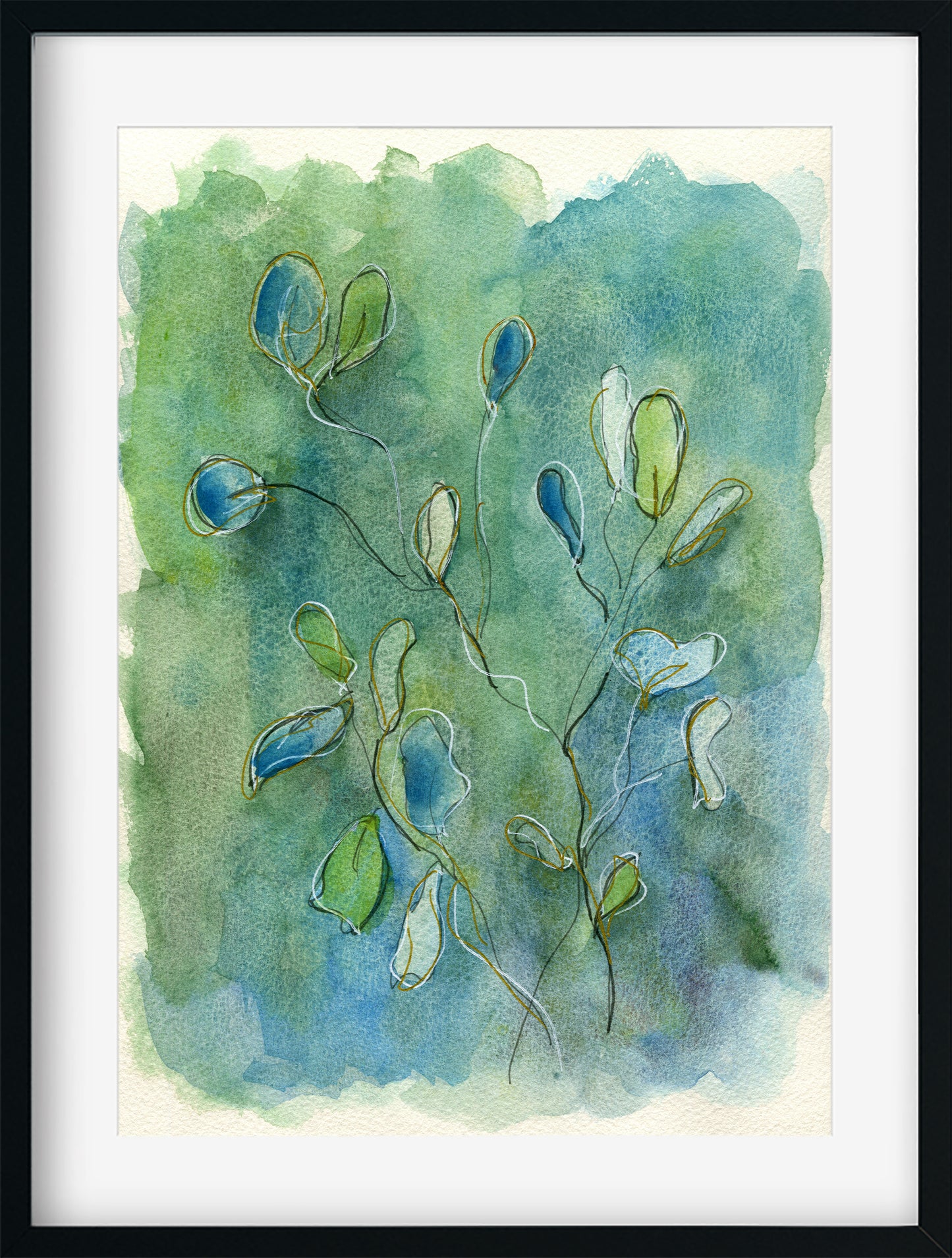 Eucalyptus watercolor painting 9x12, line and wash botanical hand painted wall art, blue and green watercolor plant - Carved Effects