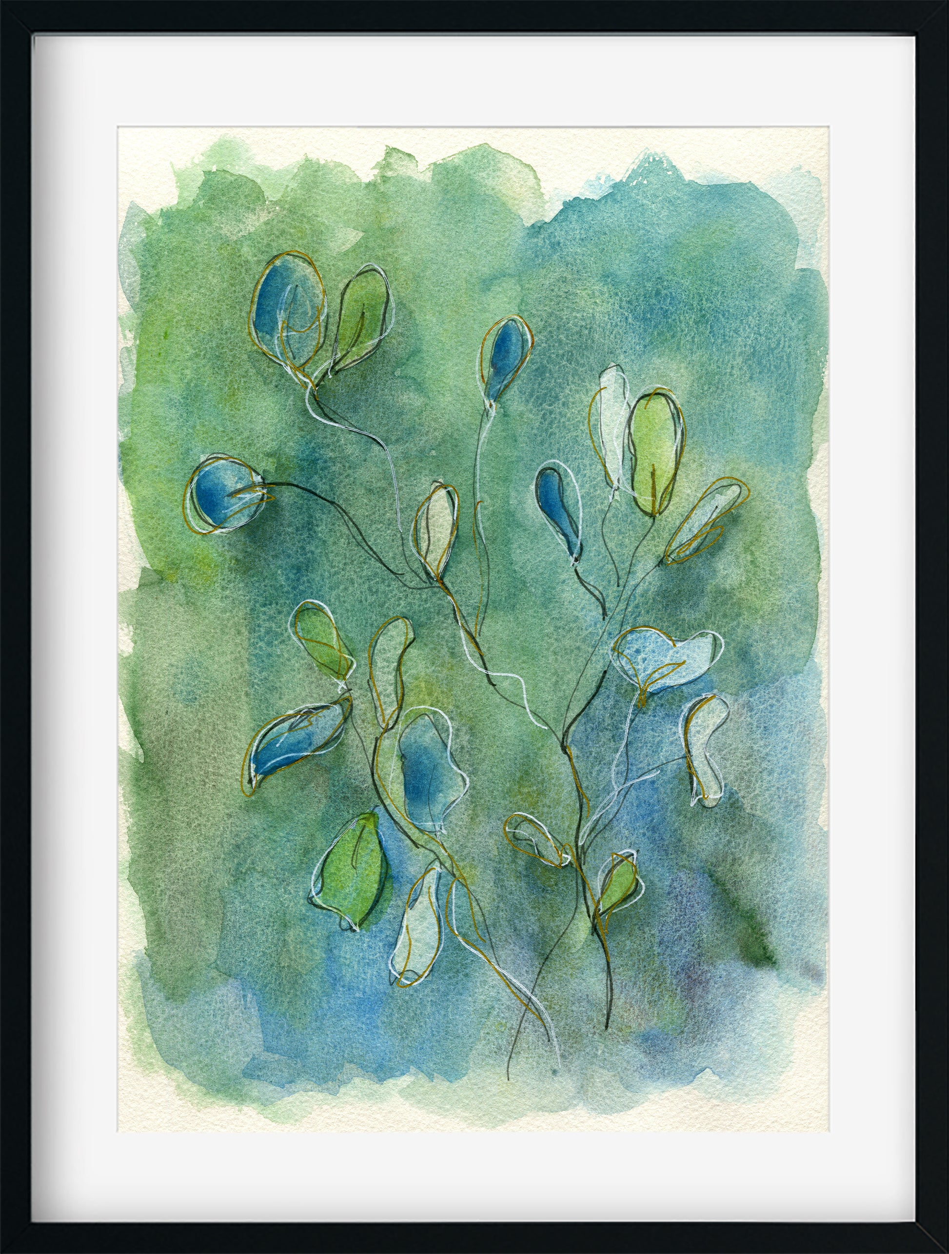Eucalyptus watercolor painting 9x12, line and wash botanical hand painted wall art, blue and green watercolor plant - Carved Effects
