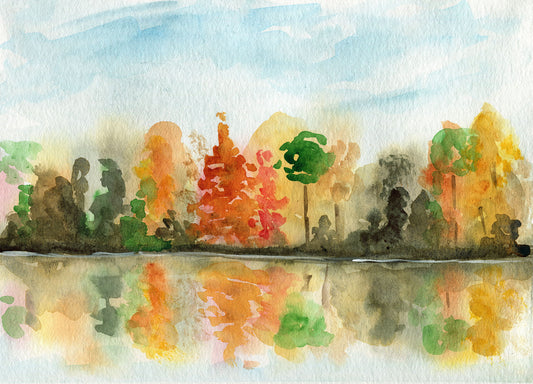 Watercolor painting of trees reflected in water with a blue sky.