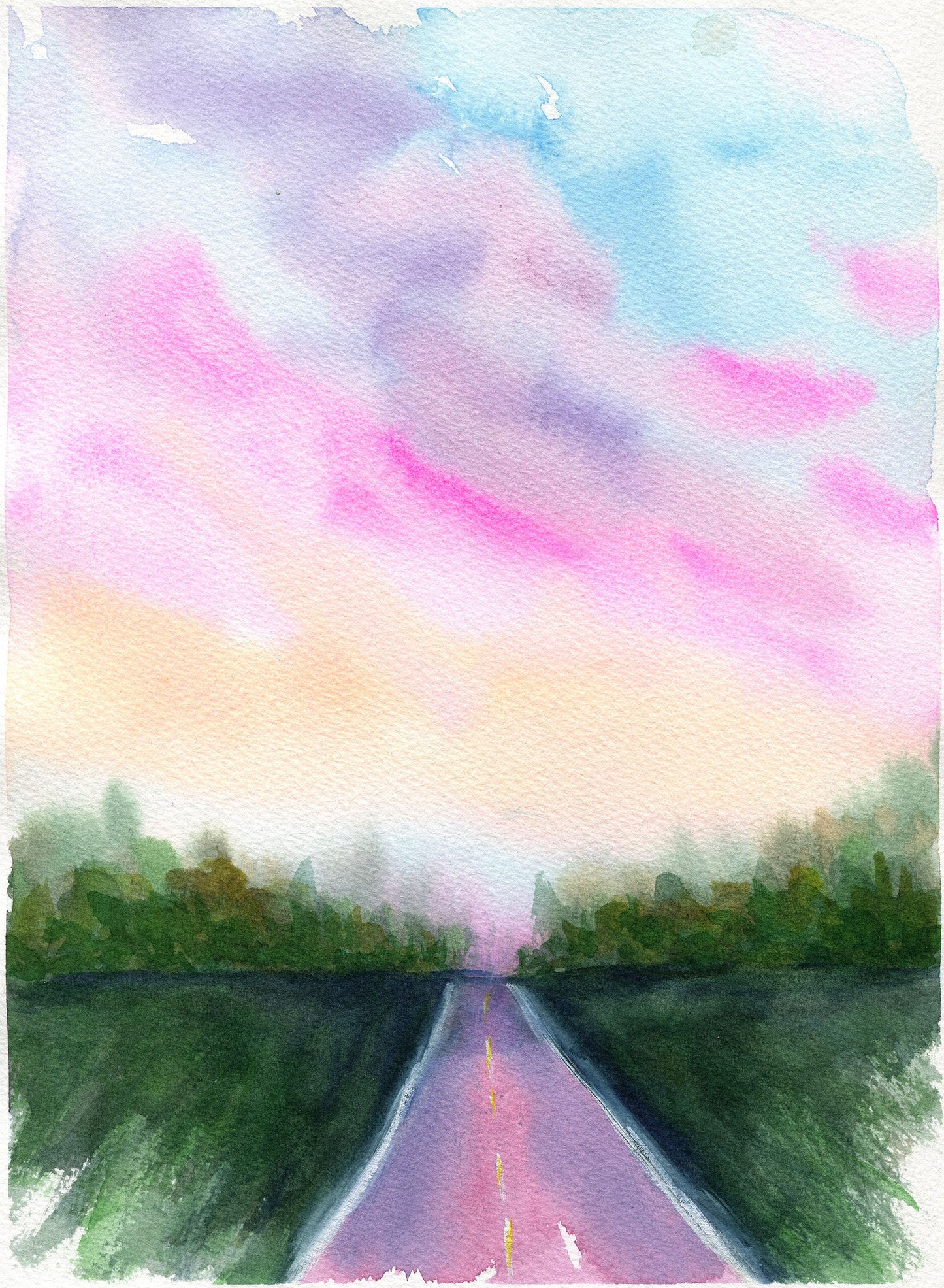 Watercolor painting of a straight road leading into the distance between dark green trees, under a pastel sky with pink, purple, blue, and pale yellow clouds.