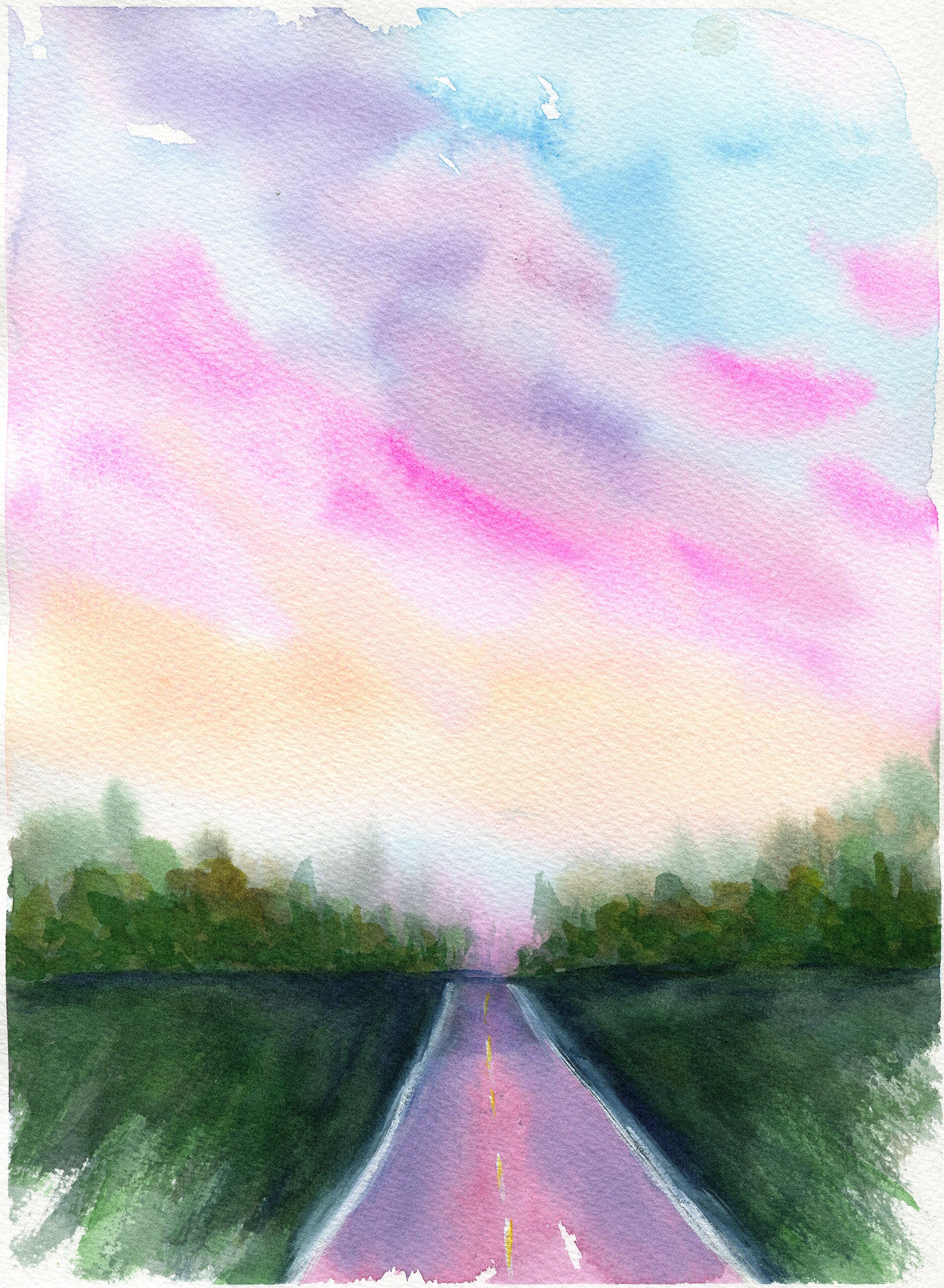 Watercolor painting of a straight road leading into the distance between dark green trees, under a pastel sky with pink, purple, blue, and pale yellow clouds.