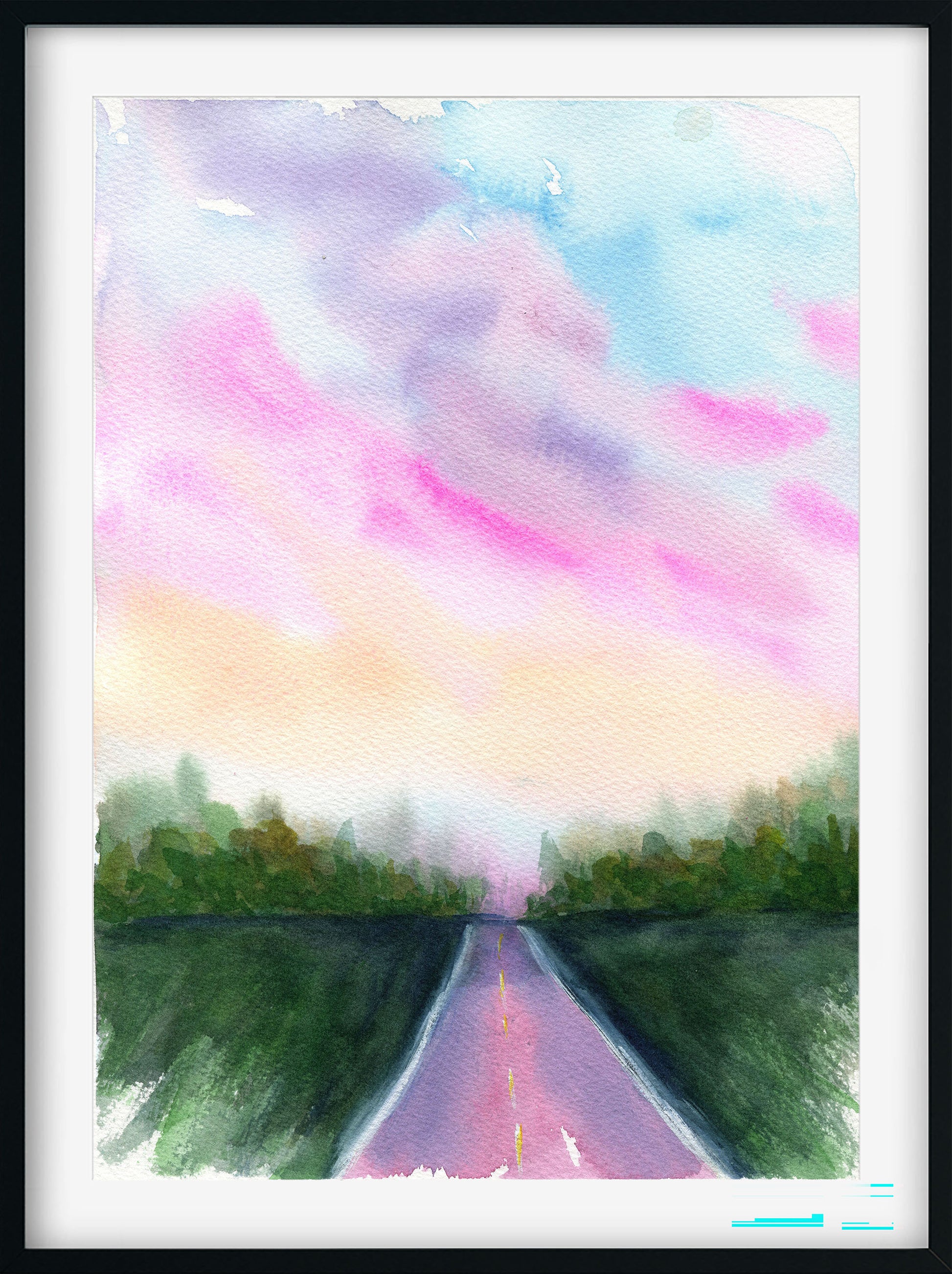A framed watercolor landscape print showing a straight road leading into the distance under a pastel sky with pink, purple, blue, and yellow clouds, bordered by dark green fields.